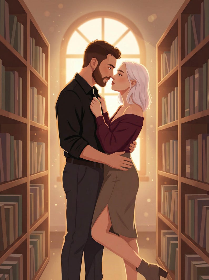 K&ouml;nnte beinhalten: Illustration eines Paares, das sich in einer Bibliothek umarmt. Der Mann tr&auml;gt ein schwarzes Hemd, die Frau ein bordeauxrotes schulterfreies Oberteil und einen grauen Rock. B&uuml;cherregale s&auml;umen die W&auml;nde, im Hintergrund ein gro&szlig;es Fenster.