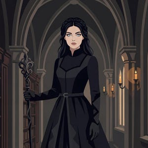 May include: A digital illustration of a person with long dark hair wearing a black high-collared long-sleeved dress with a belt and gloves. The person holds a tall, ornate silver-toned staff with intricate metalwork in a dark stone hallway.