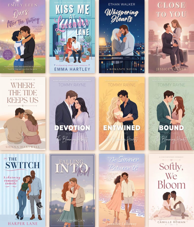 Pu&ograve; includere: Una collezione di copertine di romanzi rosa. Ogni copertina presenta illustrazioni di coppie che si abbracciano. I titoli includono "Ours After The Victory", "Kiss Me at Lavender Lane", "Whispering Hearts" e "Close to You".