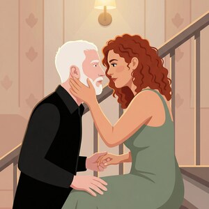 K&ouml;nnte beinhalten: Illustration eines Mannes und einer Frau auf einer Treppe. Die Frau mit roten Locken ber&uuml;hrt das Gesicht des Mannes. Der Mann hat wei&szlig;es Haar und einen Bart. Sie halten H&auml;ndchen. Die Szene wird von einer Wandleuchte beleuchtet.
