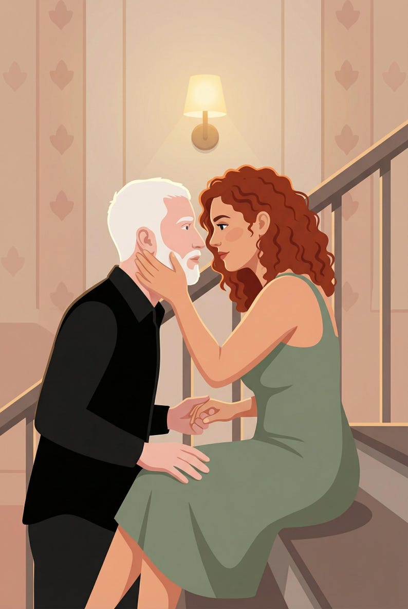 K&ouml;nnte beinhalten: Illustration eines Mannes und einer Frau auf einer Treppe. Die Frau mit roten Locken ber&uuml;hrt das Gesicht des Mannes. Der Mann hat wei&szlig;es Haar und einen Bart. Sie halten H&auml;ndchen. Die Szene wird von einer Wandleuchte beleuchtet.