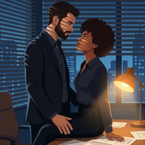 K&ouml;nnte beinhalten: Illustration eines Mannes und einer Frau in einem B&uuml;ro. Der Mann, in einem dunklen Anzug, blickt die Frau an, die auf einem Schreibtisch sitzt. Die Szene wird von einer Schreibtischlampe und den Lichtern der Stadt au&szlig;erhalb des Fensters beleuchtet. Die Farbpalette ist dunkel mit Blau- und Braunt&ouml;nen.