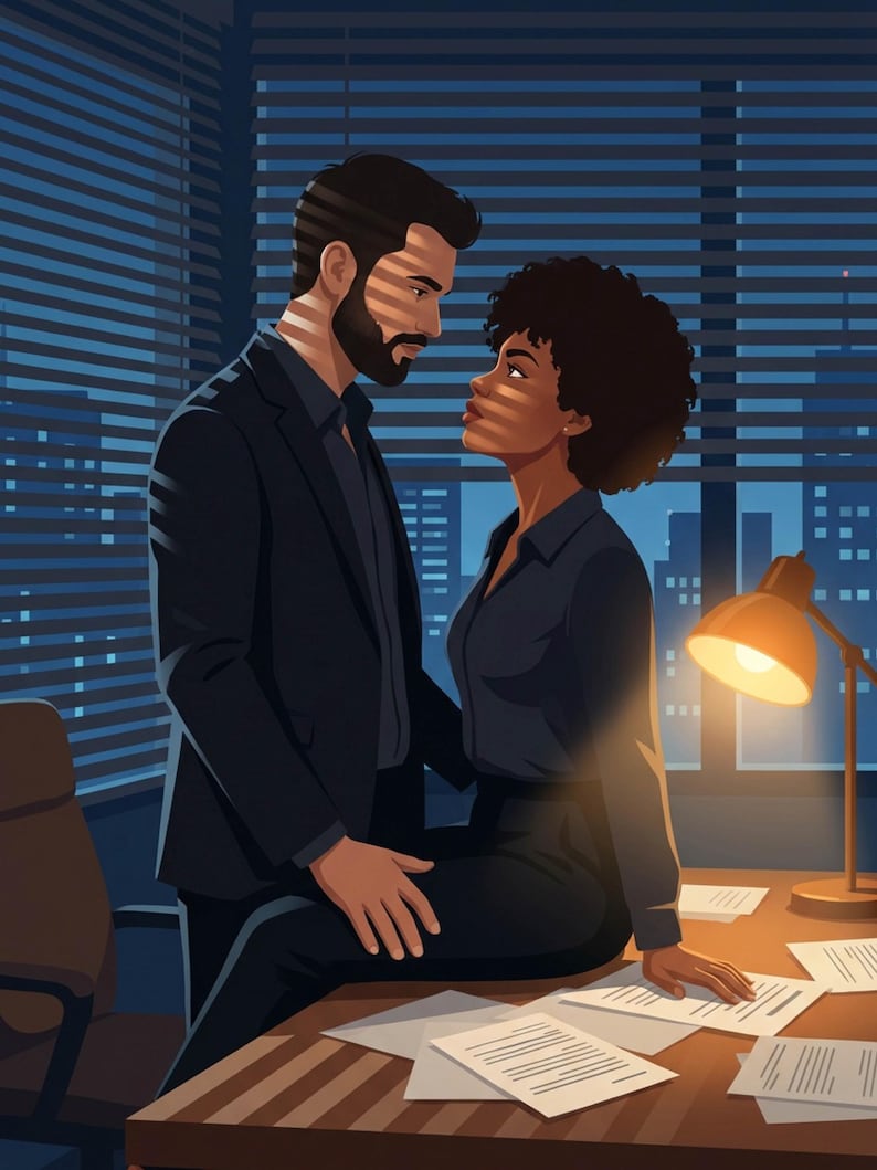 K&ouml;nnte beinhalten: Illustration eines Mannes und einer Frau in einem B&uuml;ro. Der Mann, in einem dunklen Anzug, blickt die Frau an, die auf einem Schreibtisch sitzt. Die Szene wird von einer Schreibtischlampe und den Lichtern der Stadt au&szlig;erhalb des Fensters beleuchtet. Die Farbpalette ist dunkel mit Blau- und Braunt&ouml;nen.