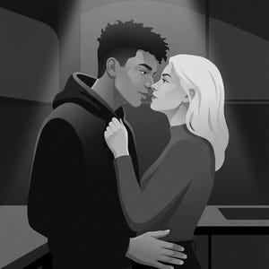 K&ouml;nnte beinhalten: Monochrome Illustration eines Paares, das sich umarmt. Der Mann tr&auml;gt einen schwarzen Kapuzenpullover, die Frau ein dunkles Oberteil und einen Rock. Sie werden von einem einzigen Deckenlicht beleuchtet, was eine dramatische, intime Szene erzeugt.