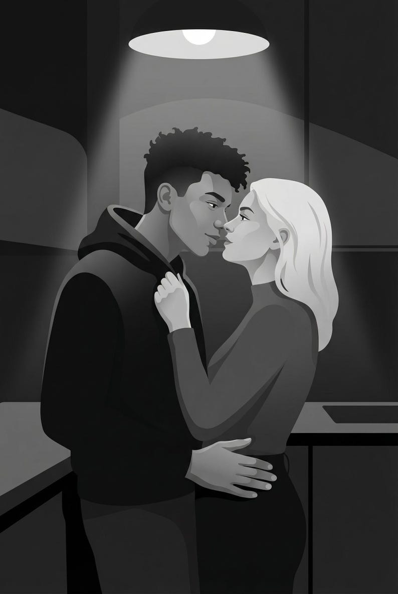 K&ouml;nnte beinhalten: Monochrome Illustration eines Paares, das sich umarmt. Der Mann tr&auml;gt einen schwarzen Kapuzenpullover, die Frau ein dunkles Oberteil und einen Rock. Sie werden von einem einzigen Deckenlicht beleuchtet, was eine dramatische, intime Szene erzeugt.