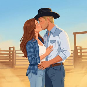 K&ouml;nnte beinhalten: Digitale Illustration eines sich k&uuml;ssenden Paares in einer Westernszene. Die Frau tr&auml;gt ein blaues kariertes Hemd und Jeans, w&auml;hrend der Mann einen Cowboyhut, ein hellblaues Hemd mit Jeansdetails und Jeans tr&auml;gt. Ein Holzzaun und blauer Himmel im Hintergrund.