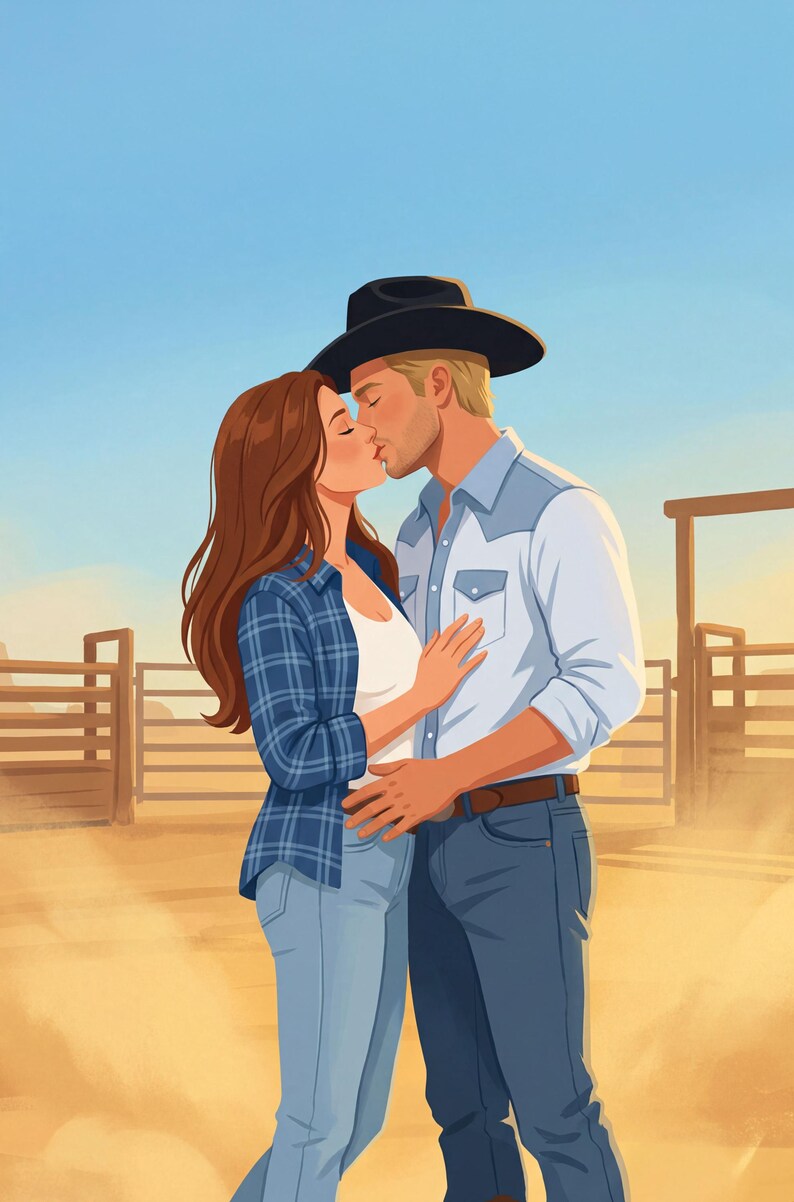 K&ouml;nnte beinhalten: Digitale Illustration eines sich k&uuml;ssenden Paares in einer Westernszene. Die Frau tr&auml;gt ein blaues kariertes Hemd und Jeans, w&auml;hrend der Mann einen Cowboyhut, ein hellblaues Hemd mit Jeansdetails und Jeans tr&auml;gt. Ein Holzzaun und blauer Himmel im Hintergrund.