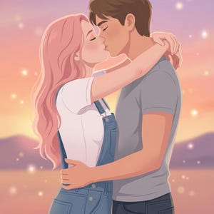 K&ouml;nnte beinhalten: Digitale Illustration eines sich umarmenden und k&uuml;ssenden Paares. Die Frau hat rosa Haare, ein wei&szlig;es Hemd und eine blaue Latzhose. Der Mann tr&auml;gt ein graues Hemd und dunkle Jeans. Der Hintergrund ist ein Sonnenuntergang mit funkelnden Lichtern.