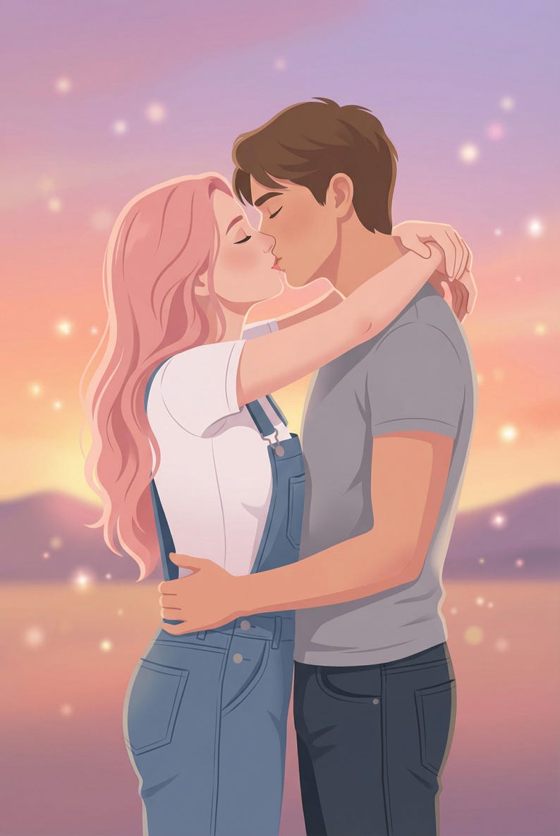 K&ouml;nnte beinhalten: Digitale Illustration eines sich umarmenden und k&uuml;ssenden Paares. Die Frau hat rosa Haare, ein wei&szlig;es Hemd und eine blaue Latzhose. Der Mann tr&auml;gt ein graues Hemd und dunkle Jeans. Der Hintergrund ist ein Sonnenuntergang mit funkelnden Lichtern.