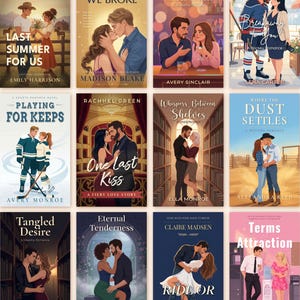 Pu&ograve; includere: Una collezione di copertine di romanzi rosa. Le copertine presentano coppie in varie ambientazioni, tra cui una pista di hockey, una biblioteca e un bar. I titoli includono "Last Summer For Us", "The Rules We Broke" e "Playing For Keeps".