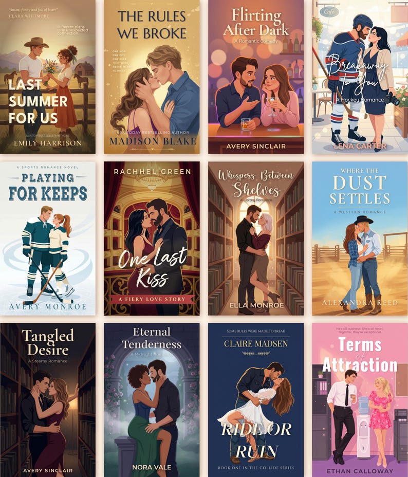 Pu&ograve; includere: Una collezione di copertine di romanzi rosa. Le copertine presentano coppie in varie ambientazioni, tra cui una pista di hockey, una biblioteca e un bar. I titoli includono "Last Summer For Us", "The Rules We Broke" e "Playing For Keeps".