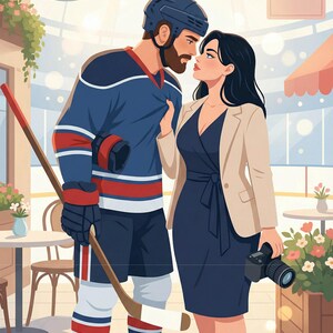 K&ouml;nnte beinhalten: Illustration eines Paares in einem Caf&eacute;. Ein Mann in Hockeyuniform und Helm umarmt eine Frau in einem marineblauen Kleid und einem beigen Blazer. Ein Hockeyschl&auml;ger ruht auf der Schulter des Mannes. Das Caf&eacute;-Schild lautet "Caf&eacute;".
