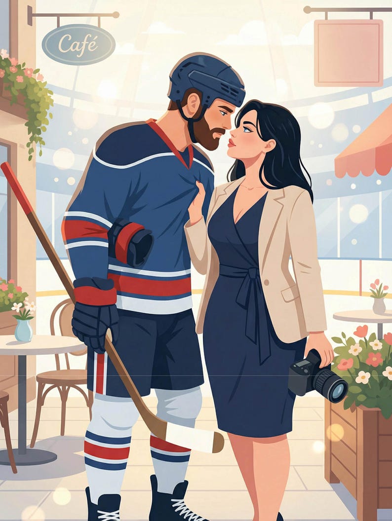 K&ouml;nnte beinhalten: Illustration eines Paares in einem Caf&eacute;. Ein Mann in Hockeyuniform und Helm umarmt eine Frau in einem marineblauen Kleid und einem beigen Blazer. Ein Hockeyschl&auml;ger ruht auf der Schulter des Mannes. Das Caf&eacute;-Schild lautet "Caf&eacute;".