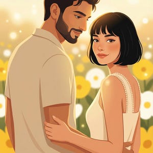 K&ouml;nnte beinhalten: Illustration eines Paares, das sich in einem Feld aus gelben und wei&szlig;en Blumen umarmt. Die Frau tr&auml;gt ein wei&szlig;es Kleid, der Mann ein helles Hemd. Der Hintergrund hat einen sanften, goldenen Farbton.