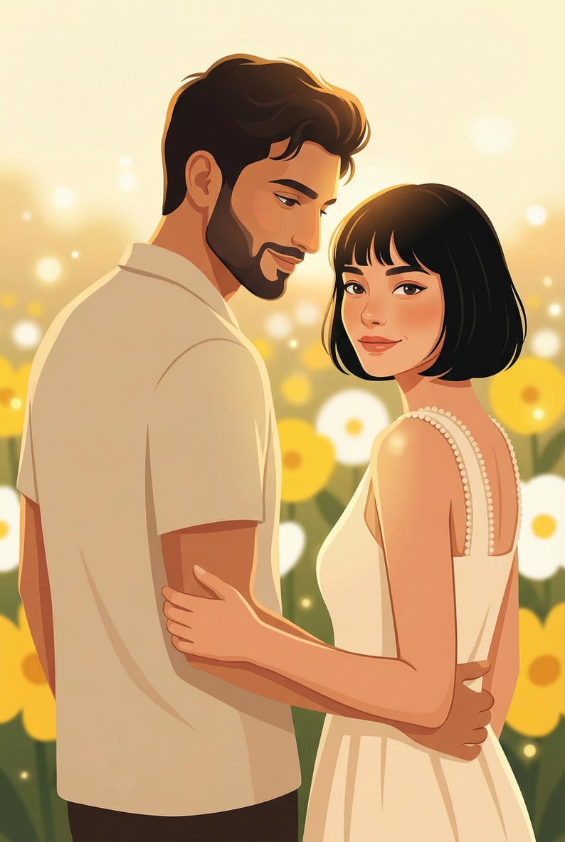 K&ouml;nnte beinhalten: Illustration eines Paares, das sich in einem Feld aus gelben und wei&szlig;en Blumen umarmt. Die Frau tr&auml;gt ein wei&szlig;es Kleid, der Mann ein helles Hemd. Der Hintergrund hat einen sanften, goldenen Farbton.