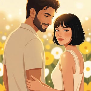 K&ouml;nnte beinhalten: Digitale Illustration eines Paares in einem Feld gelber und wei&szlig;er Blumen. Der Mann tr&auml;gt ein hellbeige kurz&auml;rmeliges Hemd, und die Frau tr&auml;gt ein wei&szlig;es Kleid mit Perlenriemen. Sie umarmen sich und schauen sich an.