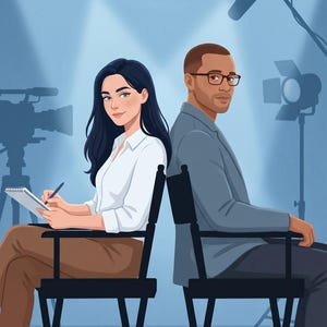 K&ouml;nnte beinhalten: Illustration von zwei Personen, die auf einem Filmset R&uuml;cken an R&uuml;cken auf Regiest&uuml;hlen sitzen. Eine Frau in einem wei&szlig;en Hemd und einer braunen Hose schreibt in einen Notizblock. Ein Mann in einem grauen Blazer und einer Brille schaut &uuml;ber seine Schulter. Filmausr&uuml;stung im Hintergrund.