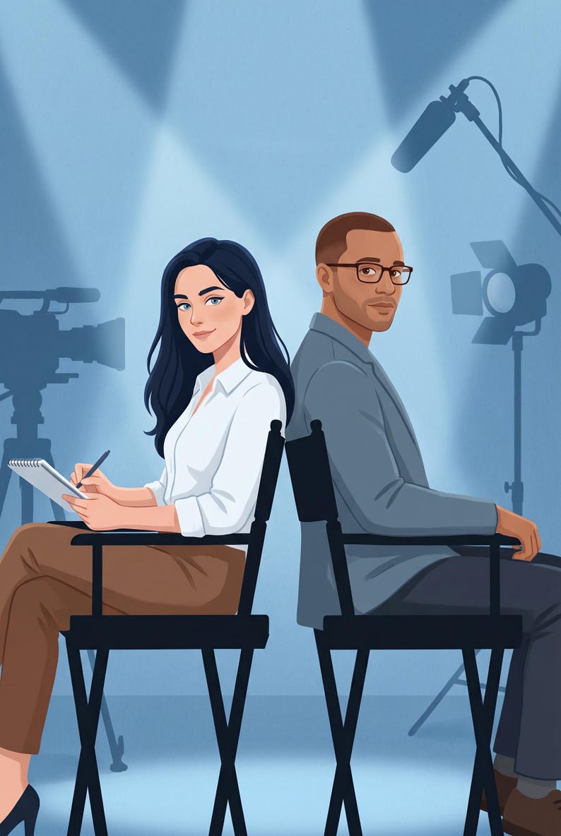 K&ouml;nnte beinhalten: Illustration von zwei Personen, die auf einem Filmset R&uuml;cken an R&uuml;cken auf Regiest&uuml;hlen sitzen. Eine Frau in einem wei&szlig;en Hemd und einer braunen Hose schreibt in einen Notizblock. Ein Mann in einem grauen Blazer und einer Brille schaut &uuml;ber seine Schulter. Filmausr&uuml;stung im Hintergrund.