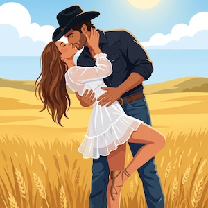K&ouml;nnte beinhalten: Illustration eines Paares, das sich in einem Weizenfeld unter strahlender Sonne umarmt und k&uuml;sst. Der Mann tr&auml;gt einen schwarzen Cowboyhut, ein dunkles Hemd und Jeans. Die Frau tr&auml;gt ein wei&szlig;es Kleid. Der Hintergrund zeigt einen blauen Himmel und goldenen Weizen.