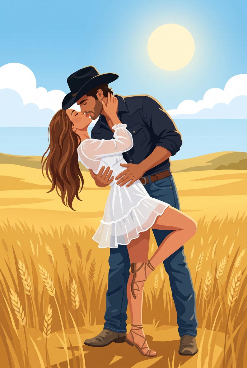 K&ouml;nnte beinhalten: Illustration eines Paares, das sich in einem Weizenfeld unter strahlender Sonne umarmt und k&uuml;sst. Der Mann tr&auml;gt einen schwarzen Cowboyhut, ein dunkles Hemd und Jeans. Die Frau tr&auml;gt ein wei&szlig;es Kleid. Der Hintergrund zeigt einen blauen Himmel und goldenen Weizen.