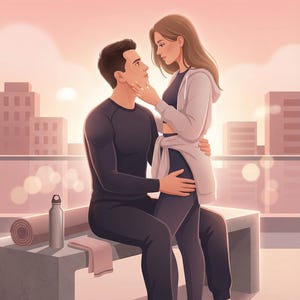 K&ouml;nnte beinhalten: Illustration eines Paares in Sportkleidung auf einem Dach. Der Mann sitzt, die Frau steht und hat die Hand auf seinem Gesicht. Eine zusammengerollte Yogamatte, eine Wasserflasche und ein Handtuch liegen auf der Bank. Der Hintergrund zeigt eine Stadtlandschaft.