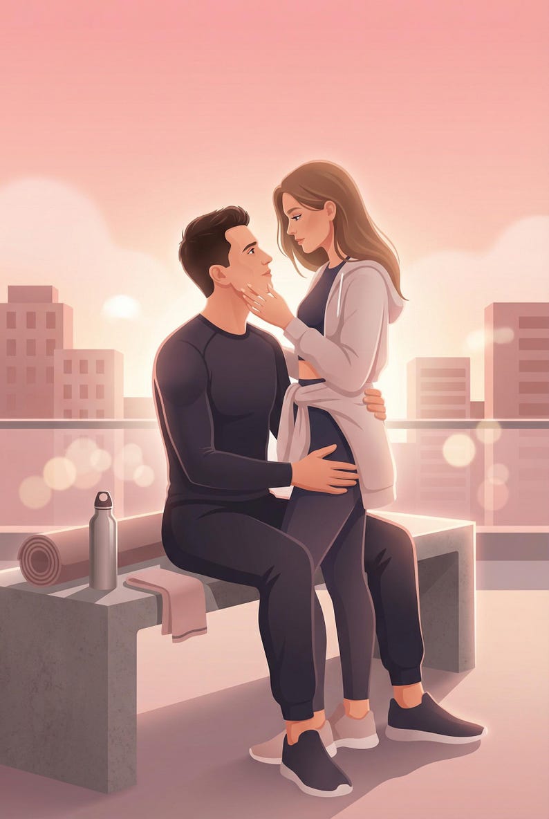 K&ouml;nnte beinhalten: Illustration eines Paares in Sportkleidung auf einem Dach. Der Mann sitzt, die Frau steht und hat die Hand auf seinem Gesicht. Eine zusammengerollte Yogamatte, eine Wasserflasche und ein Handtuch liegen auf der Bank. Der Hintergrund zeigt eine Stadtlandschaft.