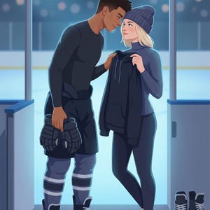 K&ouml;nnte beinhalten: Illustration eines Paares in einer Eishockey-Arena. Der Mann tr&auml;gt eine schwarze Uniform und Hockeyhandschuhe. Die Frau tr&auml;gt einen blauen Rollkragenpullover, Leggings und eine M&uuml;tze. Eishockeyschuhe sind sichtbar.