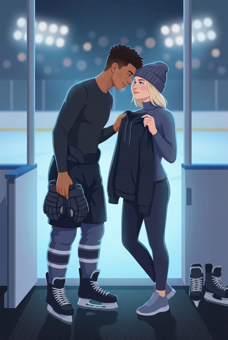 K&ouml;nnte beinhalten: Illustration eines Paares in einer Eishockey-Arena. Der Mann tr&auml;gt eine schwarze Uniform und Hockeyhandschuhe. Die Frau tr&auml;gt einen blauen Rollkragenpullover, Leggings und eine M&uuml;tze. Eishockeyschuhe sind sichtbar.