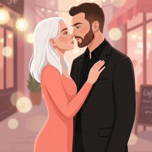 K&ouml;nnte beinhalten: Illustration eines Paares, das sich vor einem Caf&eacute; umarmt. Die Frau mit wei&szlig;en Haaren tr&auml;gt ein pfirsichfarbenes Kleid. Der Mann mit Bart tr&auml;gt einen schwarzen Anzug. Das Wort "Caf&eacute;" ist im Hintergrund zu sehen.