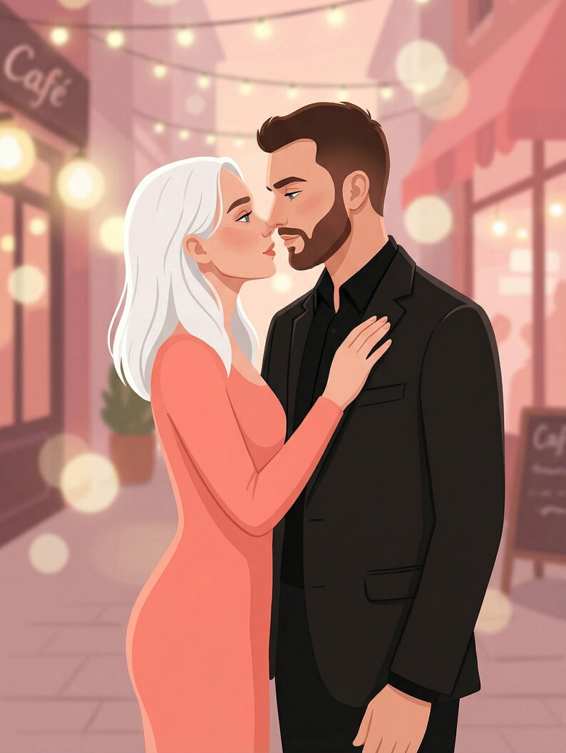 K&ouml;nnte beinhalten: Illustration eines Paares, das sich vor einem Caf&eacute; umarmt. Die Frau mit wei&szlig;en Haaren tr&auml;gt ein pfirsichfarbenes Kleid. Der Mann mit Bart tr&auml;gt einen schwarzen Anzug. Das Wort "Caf&eacute;" ist im Hintergrund zu sehen.