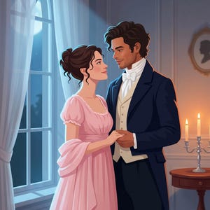 May include: A person wearing a light pink empire-waist gown with puff sleeves and a matching shawl, standing next to a person in a dark navy tailcoat, cream-colored waistcoat, and white cravat. They are holding hands in a room with a window.
