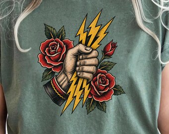 Vintage Tattoo Shirt, Lightning Bolt Old School Hands Tee, Oversized Retro Tee, Traditional Ink Art Lover, Aesthetic Grunge T-Shirt
