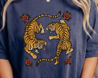 Japanese Fighting Tigers Tee, Vintage Tattoo Shirt, Tigers Yin Yang T-Shirt, Wild Cat Shirt, Retro Tiger Lover Gift