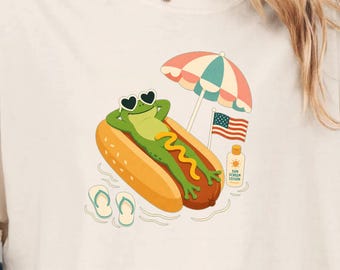 Funny Summer Hot Dog Tee, Frog Hot Dog Shirt, Funny Frog T-Shirt, Hot Dog Humor Shirt, American Flag 4th of July