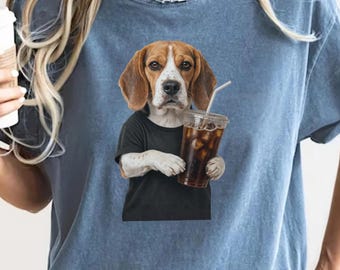 Funny Beagle Drinking Iced Coffee Shirt, Animal Meme Tee, Beagle Lover Dog TShirt, Dog Lover Gift, Funny Beagle Shirt, Dog Mom Gift