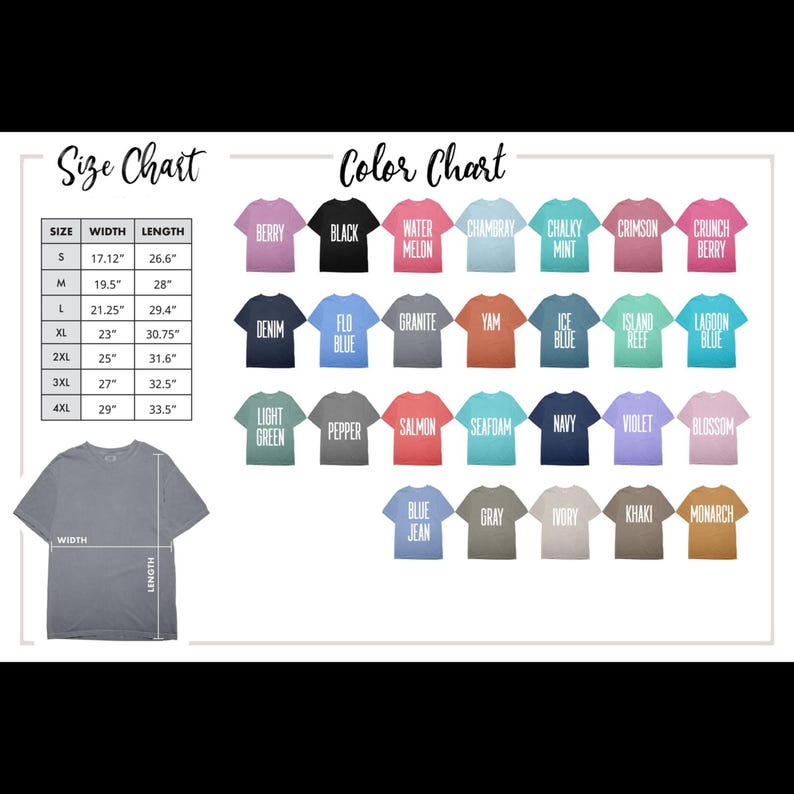 Pode incluir: Uma tabela de tamanhos e cores para camisetas. A tabela de tamanhos mostra as medidas em polegadas para os tamanhos S a 4XL. A tabela de cores exibe v&aacute;rias cores de camisas, incluindo Berry, Black, Water Melon, Chambray, Chalky Mint, Crimson e Crunch Berry.