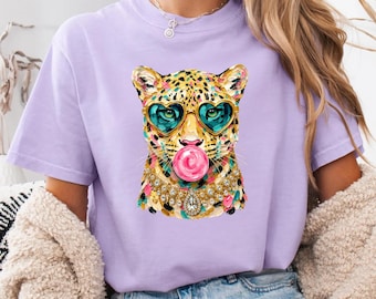 Cool Leopard Bubblegum Shirt, Glam Cheetah Sunglasses Tee, Leopard Graphic Tee, Fashion Cat Lover Gift