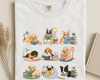 Dogs and Books T-Shirt, Cute Dogs with Books Tee, Dog Lover Gift, Funny Animal Graphic Tee, Book Lover Gift, Gift For Book Lover