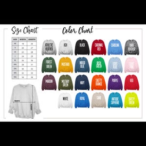 Pode incluir: Uma tabela de tamanhos e cores para camisolas. A tabela de tamanhos mostra as medidas em cent&iacute;metros para os tamanhos XS a 5XL. A tabela de cores exibe v&aacute;rias cores de camisolas, incluindo preto, vermelho, azul, verde e laranja.