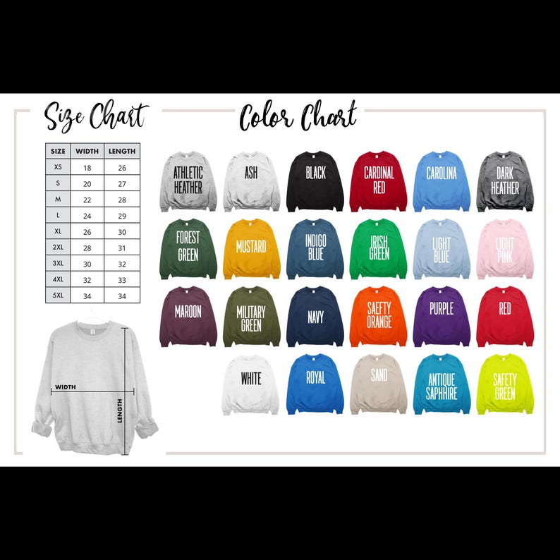 Pode incluir: Uma tabela de tamanhos e cores para camisolas. A tabela de tamanhos mostra as medidas em cent&iacute;metros para os tamanhos XS a 5XL. A tabela de cores exibe v&aacute;rias cores de camisolas, incluindo preto, vermelho, azul, verde e laranja.