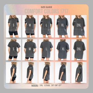 Pode incluir: Guia de tamanhos para camisetas Comfort Colors 1717. A imagem mostra v&aacute;rios tamanhos, de S a 2XL, com medidas em polegadas. A modelo tem 1,73 m de altura, pesa 57 kg, com medidas de 89-71-94 cm.