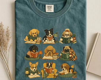 Funny Dog Reading Shirt, Cute Dogs with Books Tee, Vintage 90s Bookie Shirt, Dog Lover Gift, Gift for Her, Dogs and Books