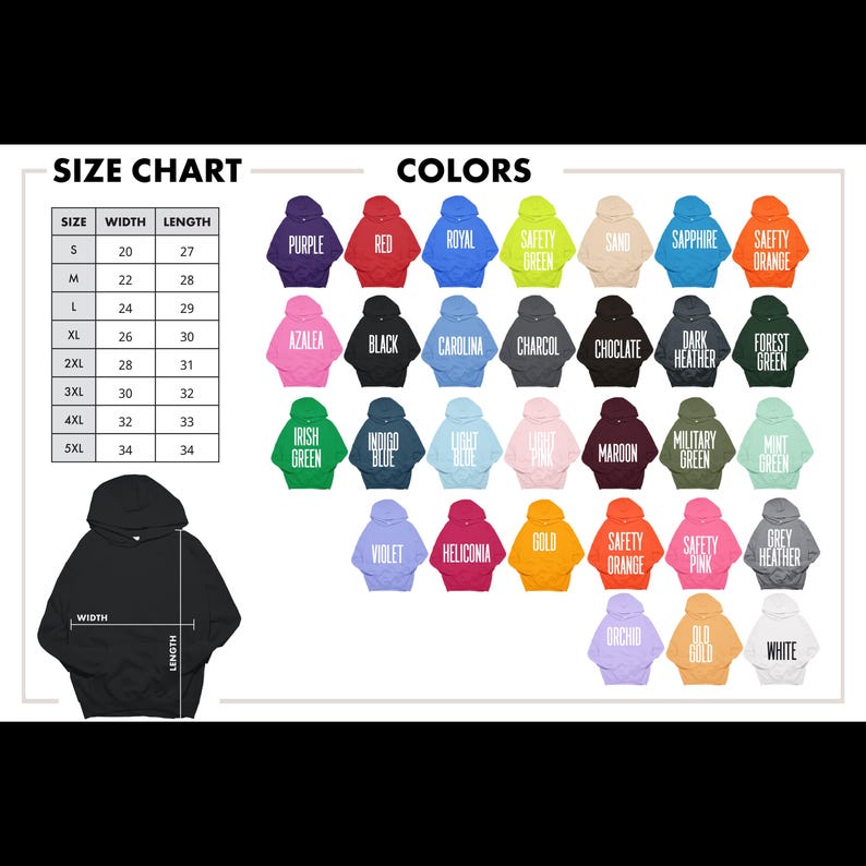 Pode incluir: Tabela de tamanhos e op&ccedil;&otilde;es de cores para moletons com capuz. A tabela lista os tamanhos S a 5XL com medidas de largura e comprimento em polegadas. As cores incluem roxo, vermelho, royal, verde de seguran&ccedil;a e mais.