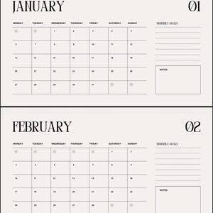 May include: A two-page calendar for January and February. The calendar has a minimalist design with a cream background and black text. Each month's layout includes a grid for daily entries, along with sections for monthly goals and notes.