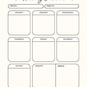 May include: Cream-colored weekly planner with black outlines and text. The title "Weekly Planner" is in cursive script. Includes sections for each day of the week, plus areas for month, week, events, and goals.
