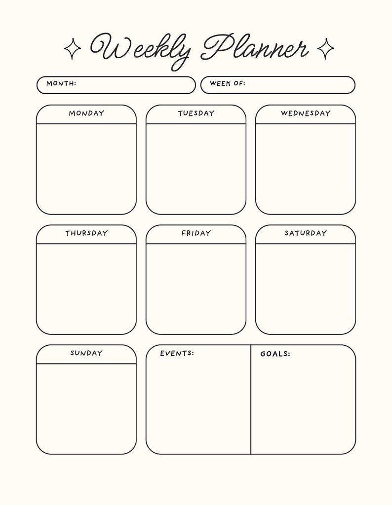 Pu&ograve; includere: Planner settimanale color crema con contorni e testo neri. Il titolo "Weekly Planner" &egrave; in corsivo. Include sezioni per ogni giorno della settimana, pi&ugrave; aree per mese, settimana, eventi e obiettivi.