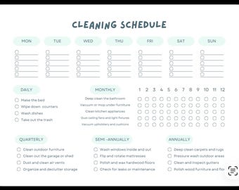Può includere: Un programma di pulizia bianco con un'intestazione verde chiaro che recita "CLEANING SCHEDULE". Il programma include attività giornaliere, mensili, trimestrali, semestrali e annuali. Ha anche una sezione per i giorni della settimana e i mesi dell'anno.