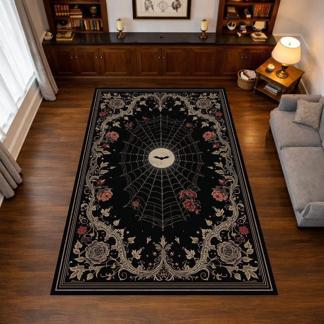 Gothic Spider Web Area Rug, Black Floral Bat Moon Carpet, Victorian ...