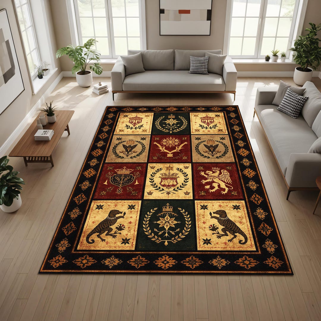 Medieval Heraldic Area Rug, Vintage Crest Patchwork Carpet in Red Green ...