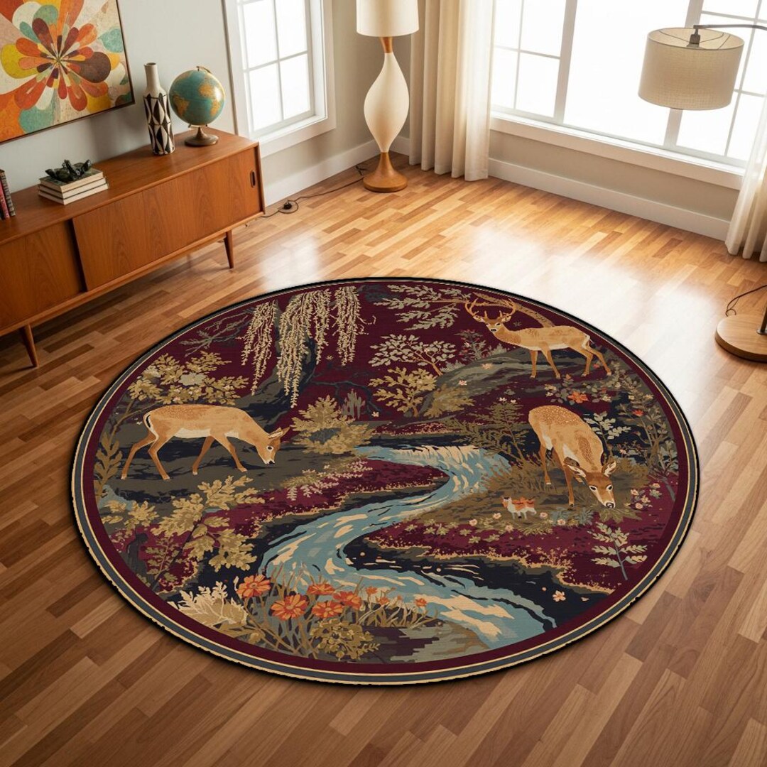 Round Deer Area Rug, Woodland Forest Rug, Rustic Cabin Decor Carpet ...